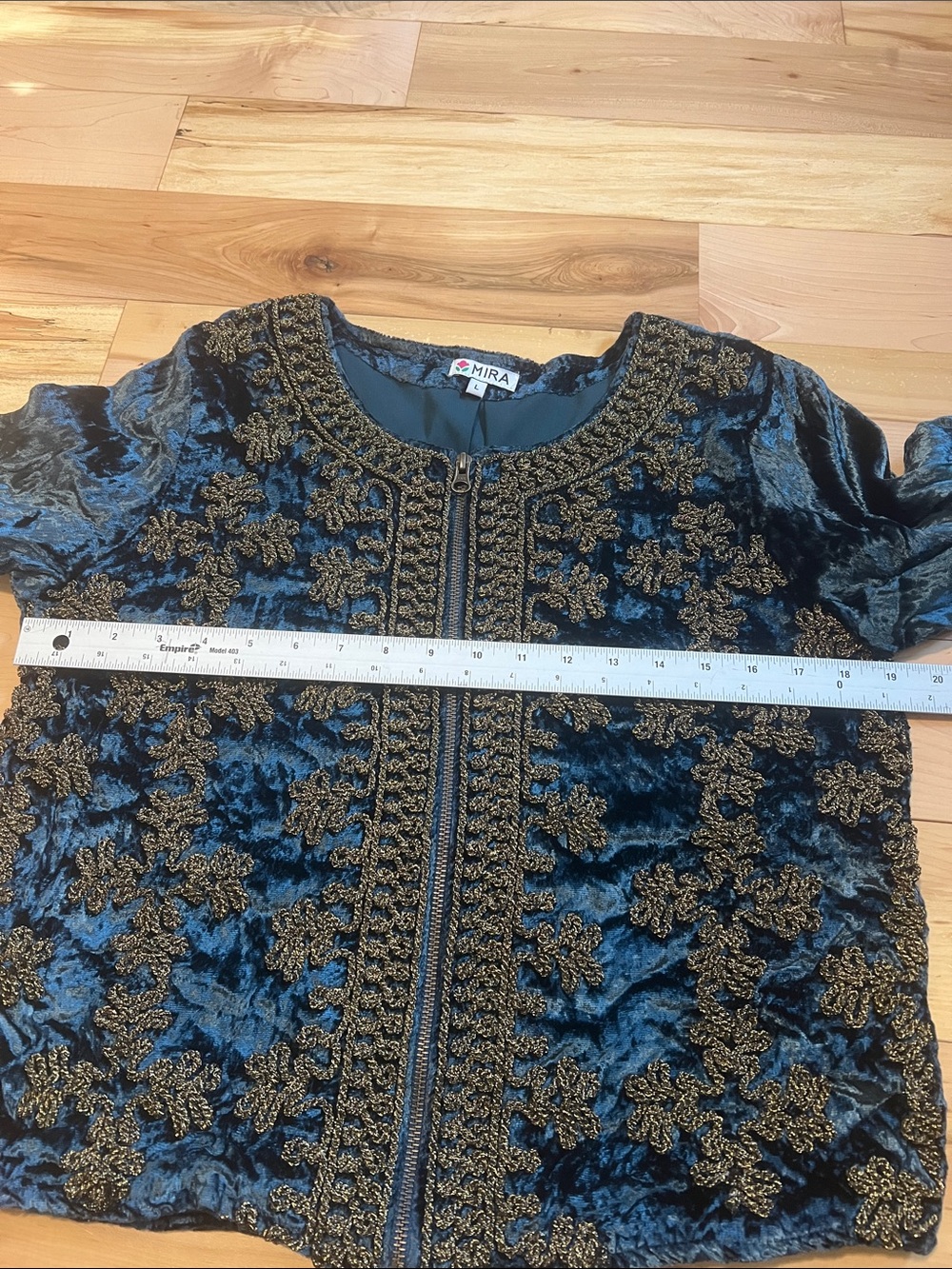 Embroidered Velvet Jacket - Deep Teal with Gold Trim - Picture 3 of 14